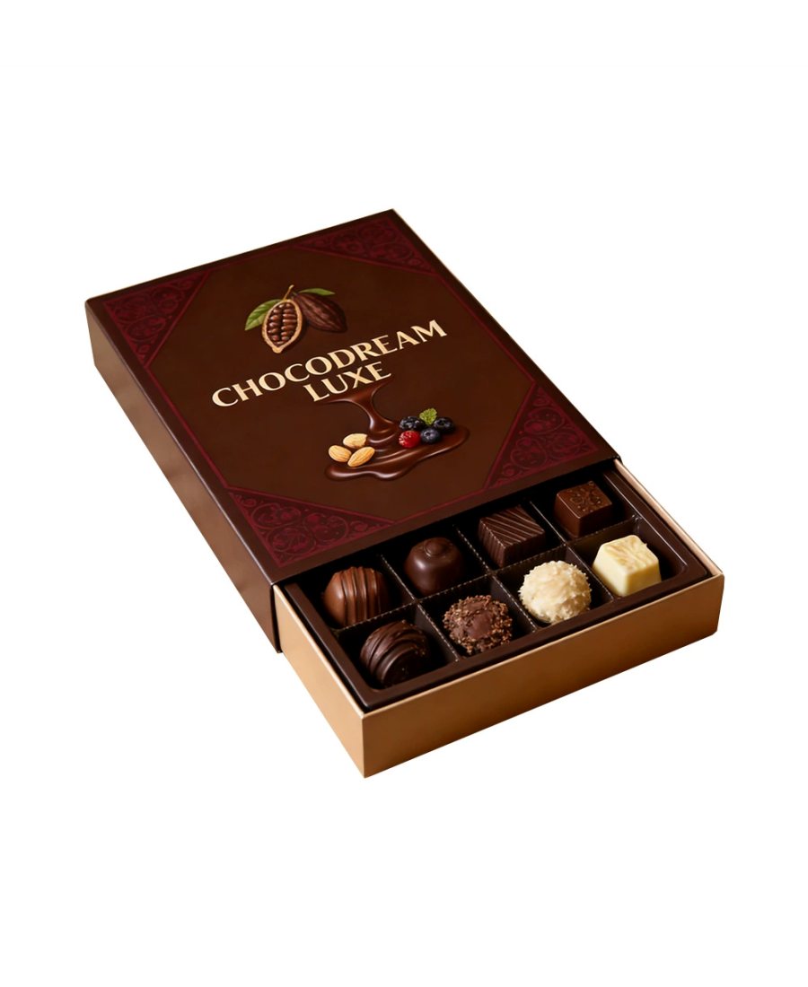 Brown sleeve box with sixteen truffles
