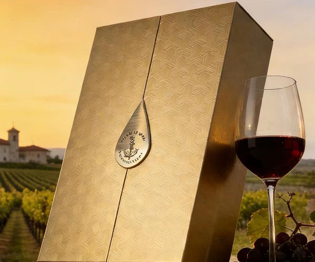 Gold wine gift box in a vineyard at sunset