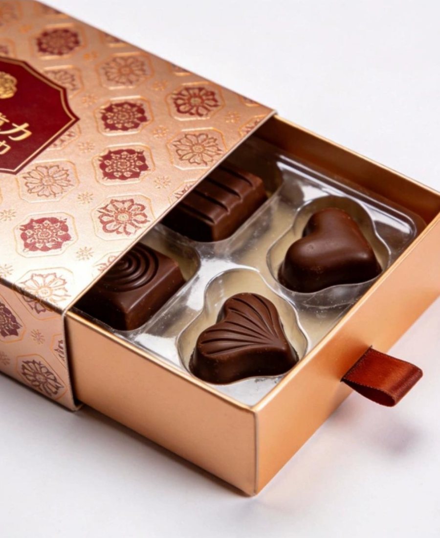 Rose-gold drawer box with heart chocolates
